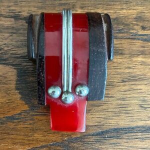 VTG Red Carved Bakelight and Wood Brooch